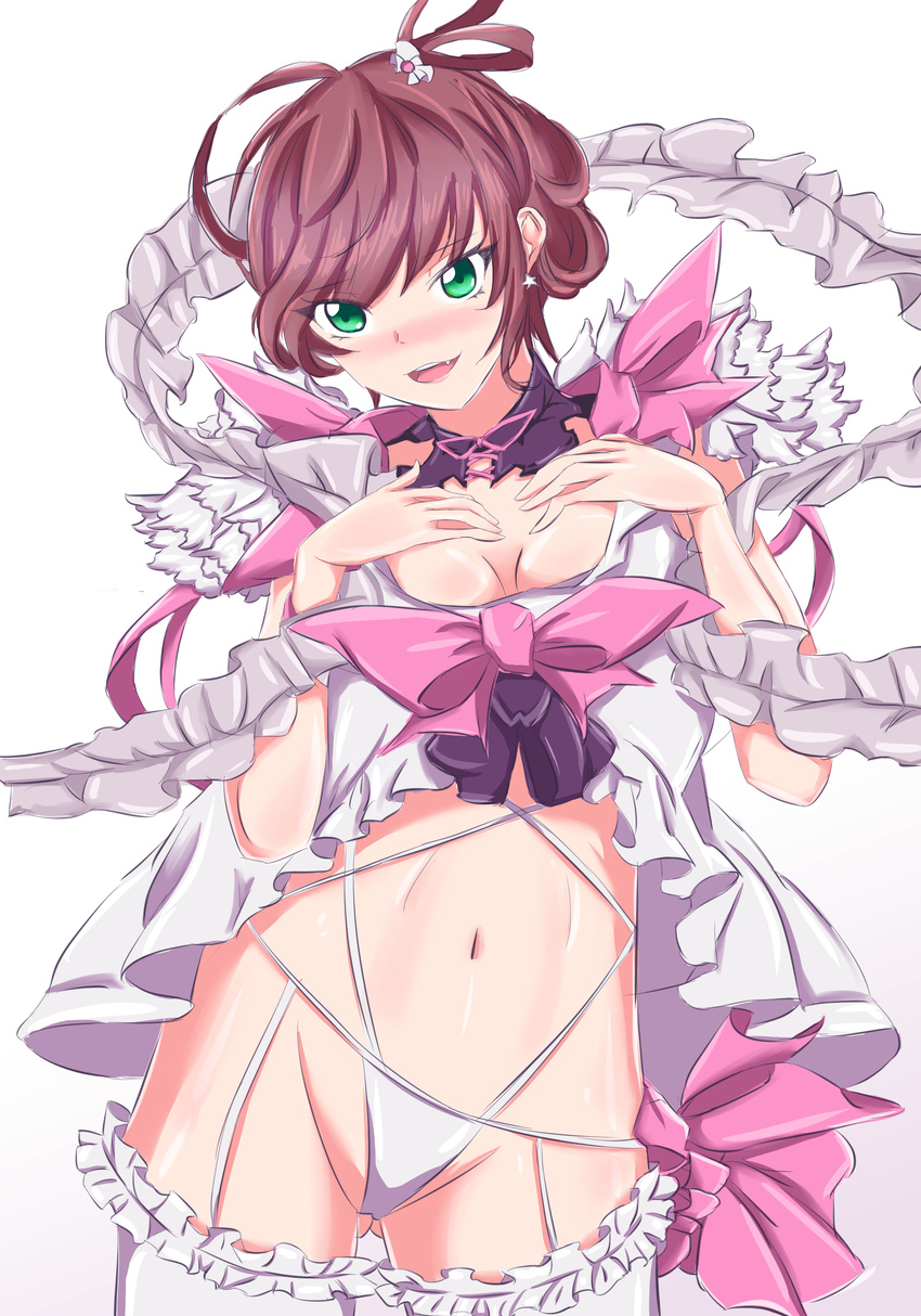 absurdres bad_id bad_pixiv_id blush breasts brown brown_hair dress flower frilled_dress frilled_skirt frills green_eyes hair_flower hair_ornament highres long_hair looking_at_viewer open_clothes open_mouth ribbon skirt smile solo yeyebirdie