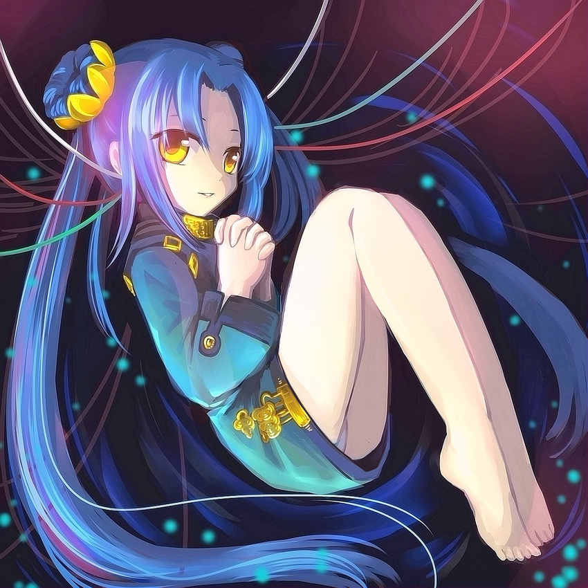 barefoot blue_hair cable chinese_clothes double_bun fetal_position flower full_body hair_flower hair_ornament hands_clasped highres interlocked_fingers kikokugai kong_ruili legs_together long_hair own_hands_together panties plantar_flexion runliya smile solo twintails underwear very_long_hair white_panties yellow_eyes