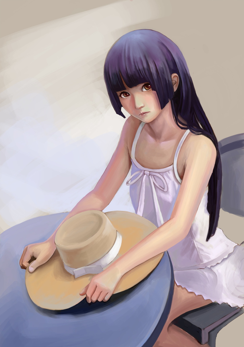 absurdres bare_shoulders black_hair breasts brown_background brown_eyes chair collarbone dress expressionless gokou_ruri goldengear870 hand_on_headwear hat hat_removed headwear_removed highres hime_cut lips long_hair looking_at_viewer nose ore_no_imouto_ga_konna_ni_kawaii_wake_ga_nai realistic sitting sleeveless small_breasts solo straw_hat sundress table upper_body white_dress