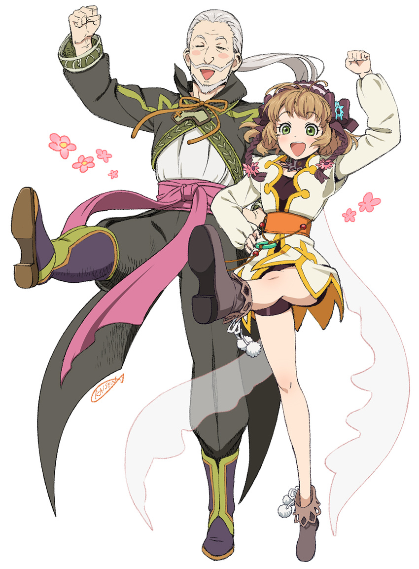 1girl :d age_difference arm_up artist_name bad_id bad_pixiv_id beard bike_shorts blush blush_stickers boots brown_hair cape clenched_hand closed_eyes dancing facial_hair flower full_body green_eyes hairband hand_on_hip happy highres leg_up leia_rolando long_hair mustache open_mouth pants ponytail rowen_j._ilbert shirt short_hair smile tales_of_(series) tales_of_xillia triangle_mouth umishima_senbon white_background white_hair