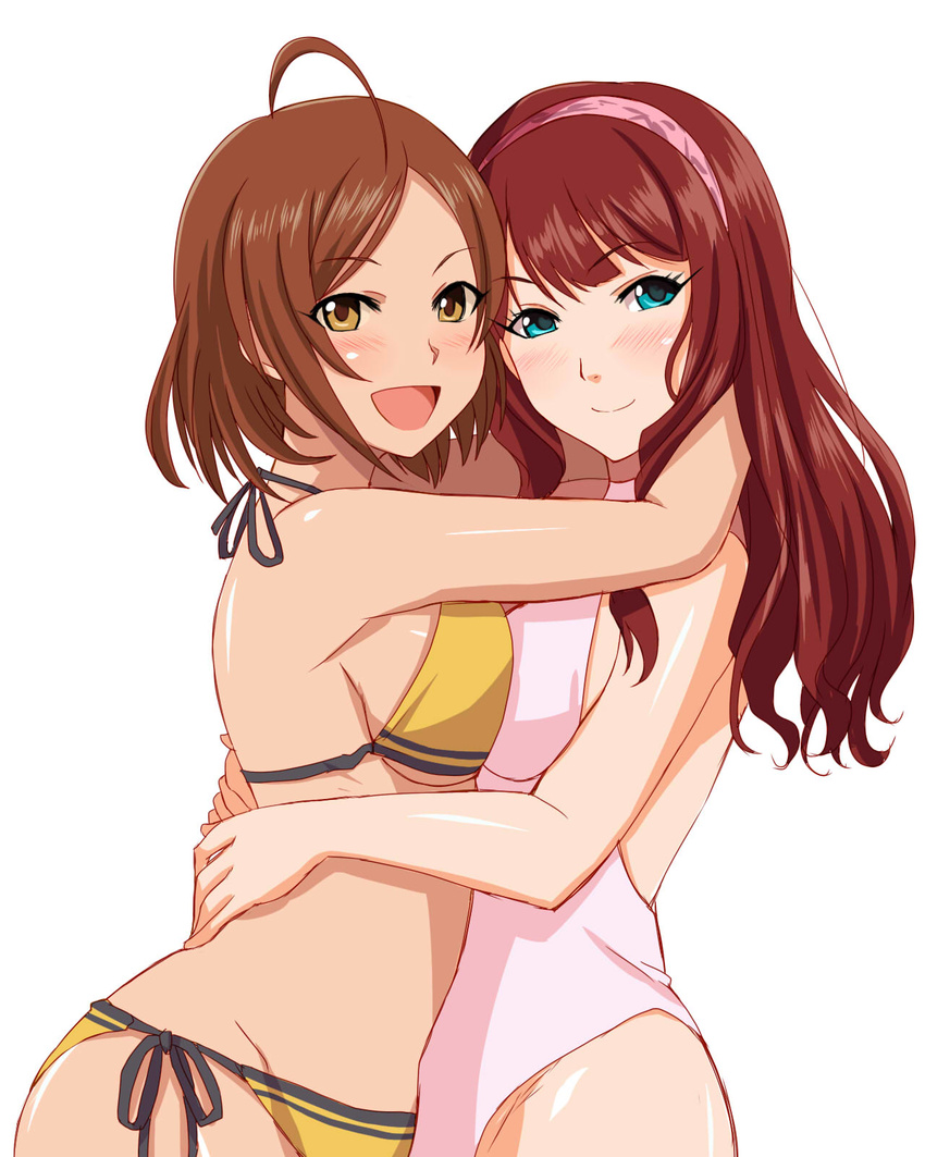 ahoge bikini blue_eyes breast_press breasts brown_eyes brown_hair hairband highres hug ichimedoo idolmaster idolmaster_cinderella_girls im_yujin long_hair looking_at_viewer multiple_girls mutual_hug one-piece_swimsuit open_mouth ryoo_haena short_hair side-tie_bikini simple_background smile swimsuit white_background yuri