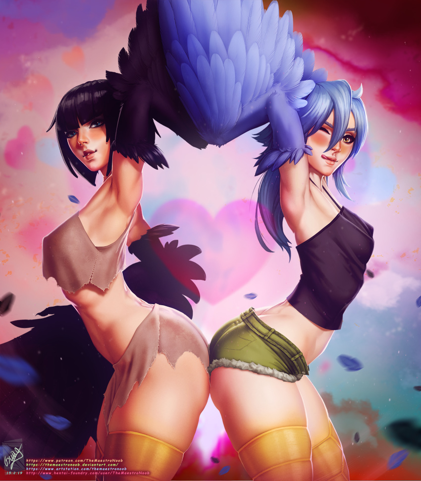 2019 2girls alternate_hair_length alternate_hairstyle armpits ass-to-ass black_hair black_wings blue_eyes blue_hair blue_wings blush breasts camisole commentary cowboy_shot crossover dark_souls_iii dated english_commentary erect_nipples feathered_wings feathers georgy_stacker hair_between_eyes harpy heart highres licking_lips long_hair looking_at_viewer monster_girl monster_musume_no_iru_nichijou multiple_girls one_eye_closed papi_(monster_musume) parted_lips pickle_pee_pump-a-rum_crow short_hair short_shorts shorts signature small_breasts souls_(from_software) tongue tongue_out trait_connection watermark web_address winged_arms wings yellow_eyes