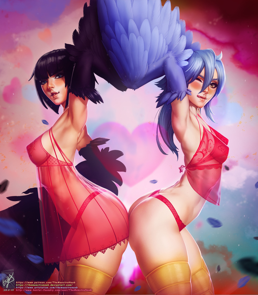 2019 animal_humanoid avian avian_humanoid black_hair black_wings blue_eyes blue_hair blue_wings blush bra breasts butt clothing dark_souls duo european_mythology feathered_wings feathers female fromsoftware greek_mythology hair harpy hi_res humanoid lingerie looking_at_viewer monster_girl_(genre) monster_musume mythological_avian mythological_creature mythology nipple_outline panties papi_(monster_musume) pickle-pee scuted_legs scutes text themaestronoob tongue tongue_out translucent translucent_clothing translucent_nightgown underwear url winged_arms wings yellow_eyes