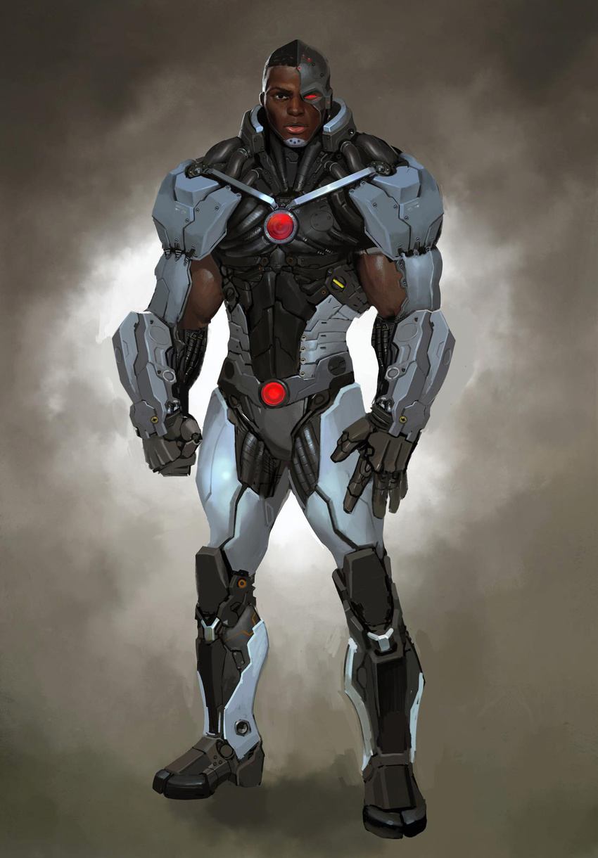 1boy black_hair brown_eyes clenched_hand cyborg cyborg_(dc) dark_skin dc_comics fist full_body glowing glowing_eyes male male_focus mechanical_eye one-eyed parted_lips realistic red_eyes solo standing victor_stone