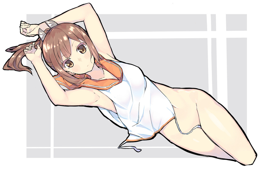 armpits arms_up bare_shoulders blush bottomless breasts brown_eyes brown_hair convenient_censoring i-401_(kantai_collection) kantai_collection long_hair looking_at_viewer lying medium_breasts navel on_back ponytail sailor_collar school_uniform short_ponytail solo tunamayochan