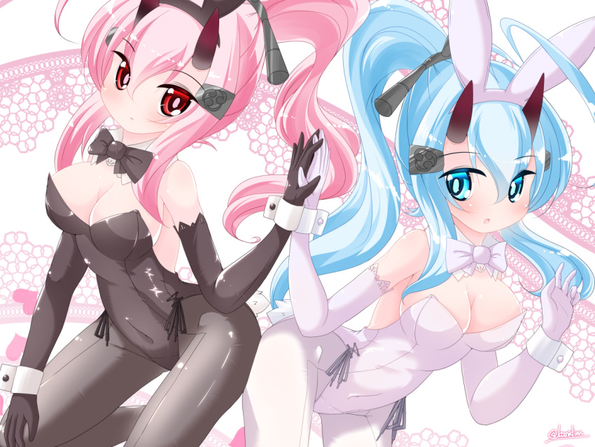 2girls :o alternate_costume animal_ears azur_lane bangs bare_shoulders black_hairband black_neckwear blue_eyes blue_hair blush bow bowtie breasts brown_gloves brown_legwear brown_leotard bunny_ears bunny_girl bunnysuit cleavage closed_mouth collar commentary_request covered_navel detached_collar elbow_gloves eyebrows_visible_through_hair fake_animal_ears gloves hair_between_eyes hair_ornament hairband hands_together high_ponytail horns ikazuchi_(azur_lane) inazuma_(azur_lane) kanijiru leotard long_hair looking_at_viewer medium_breasts multiple_girls pantyhose parted_lips pink_hair ponytail red_eyes strapless strapless_leotard twitter_username very_long_hair white_collar white_gloves white_hairband white_legwear white_leotard white_neckwear wrist_cuffs