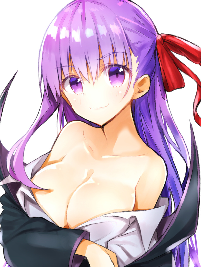 1girl bangs bare_shoulders bb_(fate)_(all) bb_(fate/extra_ccc) black_coat blush breasts cleavage collarbone collared_shirt dress_shirt fate/extra fate/extra_ccc fate_(series) hair_between_eyes hair_ribbon high_collar highres large_breasts long_hair long_sleeves looking_at_viewer nanakusa_amane off_shoulder purple_eyes purple_hair red_ribbon ribbon shirt simple_background solo white_background white_shirt