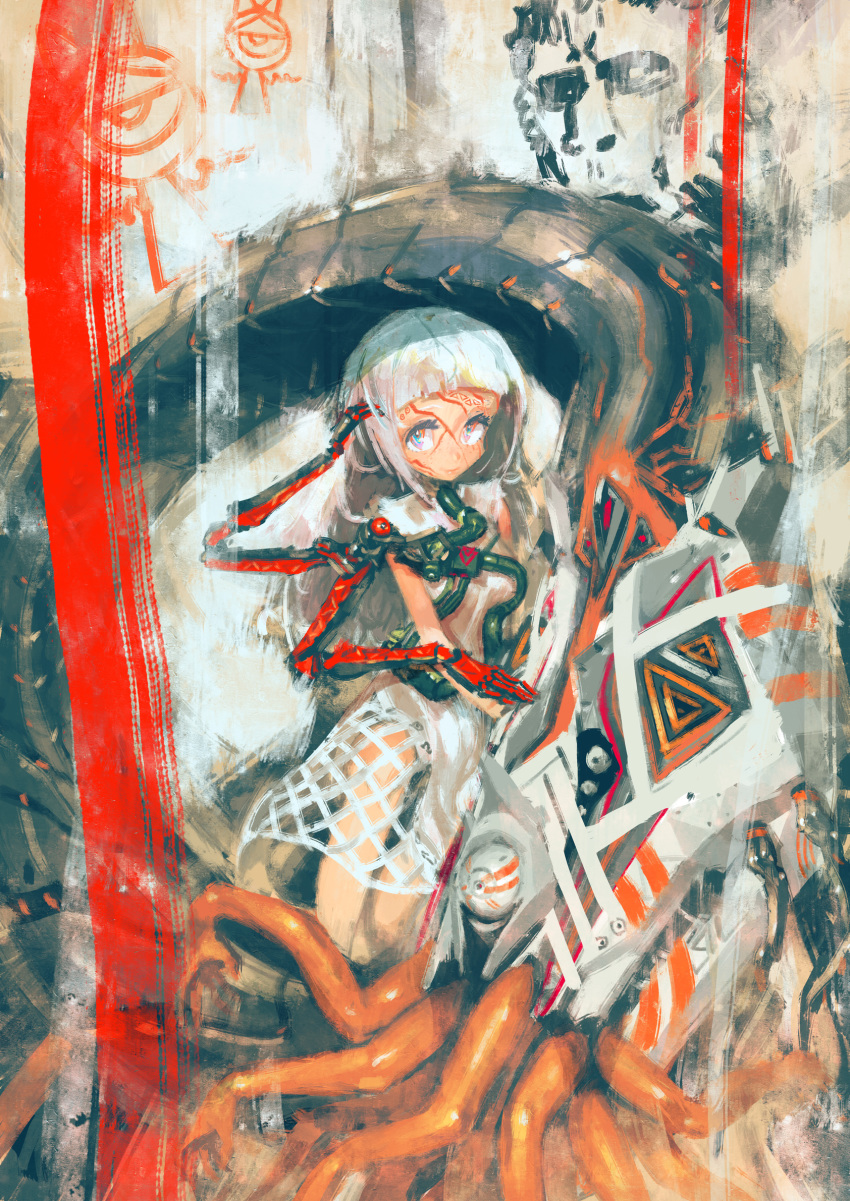1girl asgr bangs bare_legs blunt_bangs brush_stroke commentary_request facial_mark graffiti highres long_hair looking_at_viewer machine multicolored multicolored_eyes original rainbow_eyes sleeveless smile solo tentacle white_hair