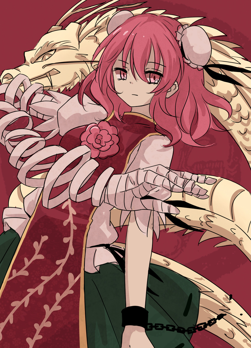 aaaabo absurdres bandages bun_cover chinese_clothes cuffs double_bun dragon eastern_dragon flower highres ibaraki_kasen pink_eyes pink_hair rose short_hair skirt solo tabard touhou