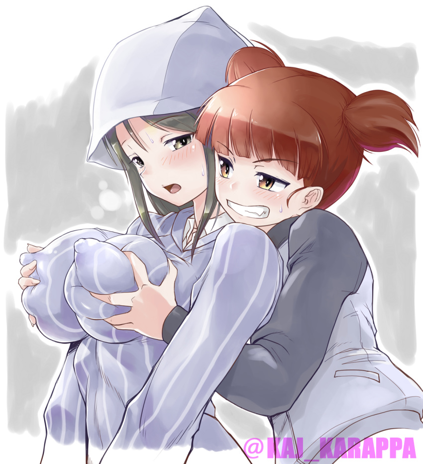 2girls artist_name blush breast_grab breasts brown_hair erect_nipples eyebrows eyebrows_visible_through_hair girls_und_panzer grabbing grey_background hat highres karappa large_breasts mika_(girls_und_panzer) mikko_(girls_und_panzer) multiple_girls open_mouth parted_lips puffy_nipples shiny shiny_clothes shiny_skin short_hair short_twintails simple_background sweat sweater teeth tongue twintails two-tone_background white_background yuri