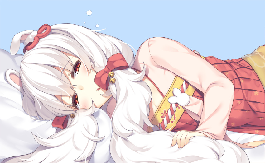 1girl :o animal_ears azur_lane bangs bed_sheet bell blue_background bow breasts bunny_ears cleavage commentary_request dress eyebrows_visible_through_hair hair_bell hair_between_eyes hair_bow hair_ornament half-closed_eyes highres jingle_bell laffey_(azur_lane) long_hair long_sleeves lying olive_(laai) on_side parted_lips pillow pleated_dress red_bow red_dress red_eyes silver_hair small_breasts solo upper_body
