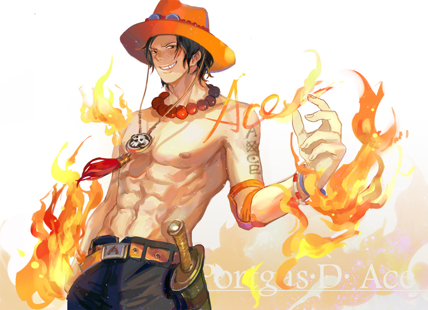 1boy abs belt bracelet character_name fire freckles hat jewelry kirayoci knife necklace one_piece portgas_d_ace sheathed smile solo stampede_string tattoo topless wallpaper