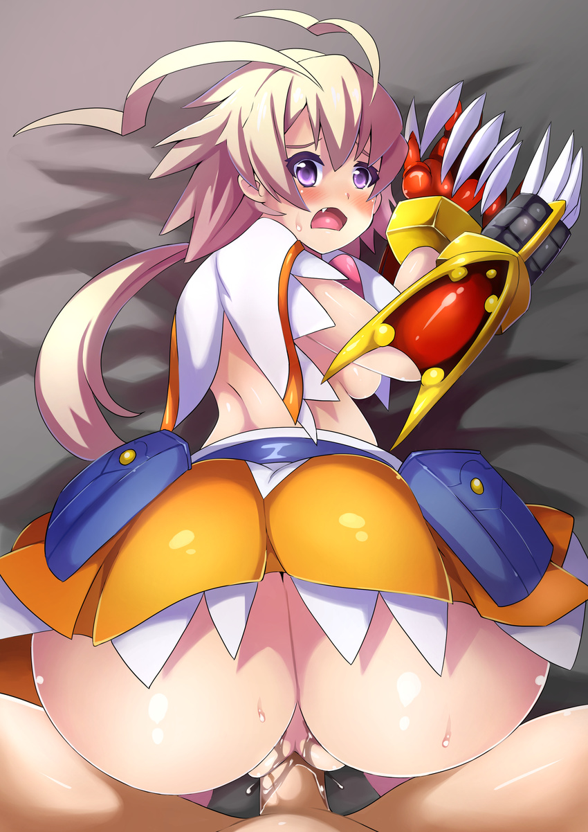 1girl amanohara_minori antenna_hair arcana_heart arcana_heart_3 ass bent_over blonde_hair blush breasts clothed_sex doggystyle examu fang gauntlets hetero highres huge_ass miniskirt penis pov pov_ass purple_eyes sex skirt sweat top-down_bottom-up underboob vaginal