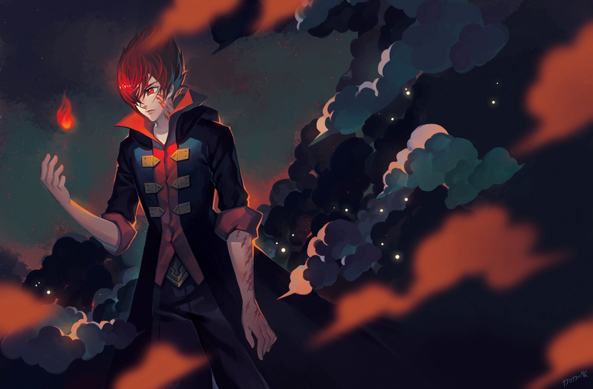 fire flame full_body_tattoo garo:honoo_no_kokuin garo_(series) hair_over_one_eye kamikanomi leon_luis male_focus night night_sky red_eyes red_hair sky solo spiked_hair tattoo trench_coat