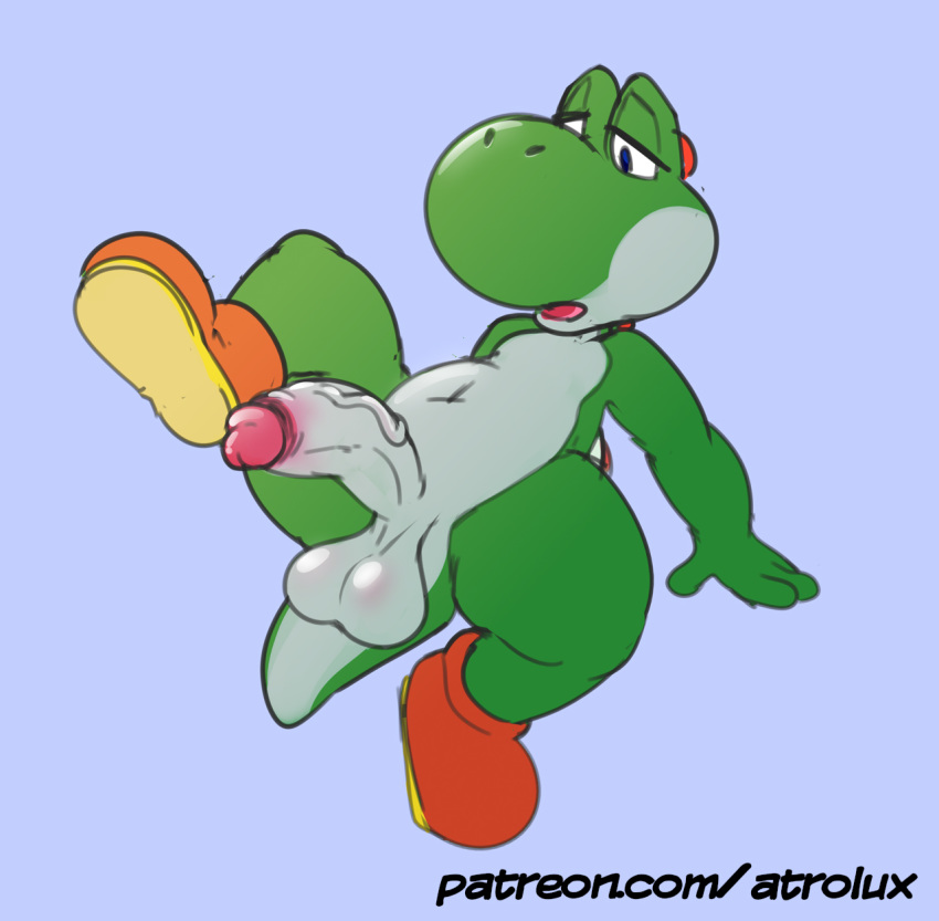 2019 4_fingers anthro atrolux balls belly big_balls blue_eyes clothing erection footwear green_yoshi half-closed_eyes humanoid_penis leaning leaning_back looking_down male mario_bros mostly_nude navel nintendo nude open_mouth patreon penis presenting presenting_penis raised_leg reptile saggy_balls scalie shoes simple_background sitting solo spread_legs spreading thick_thighs uncut url vein veiny_penis video_games yoshi