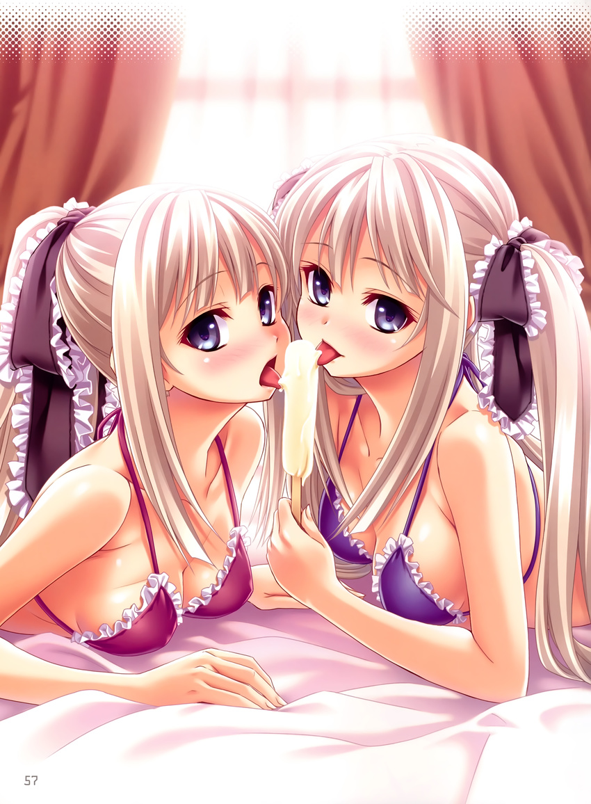 2girls absurdres bare_shoulders bikini blue_eyes blush breasts cleavage collarbone frilled_bikini frills hair_ribbon halftone highres kannatsuki_noboru licking long_hair looking_at_viewer lying multiple_girls on_stomach ponytail popsicle ribbon scan sexually_suggestive siblings silver_hair sisters sousouki_reginald swimsuit tongue tongue_out twins twintails vanessa_twanbach veronica_twanbach