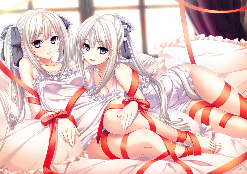 absurdres barefoot blue_eyes breasts cleavage dress highres huge_filesize kannatsuki_noboru long_hair looking_at_viewer lying medium_breasts multiple_girls on_bed on_side ponytail ribbon scan siblings silver_hair sisters sitting smile sousouki_reginald twintails vanessa_twanbach veronica_twanbach very_long_hair white_dress wrapped_up yokozuwari