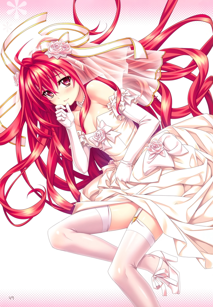 absurdres ahoge blush breasts bridal_veil cleavage corticarte_apa_lagranges dress elbow_gloves flower gloves highres jewelry kannatsuki_noboru long_hair ponytail red_eyes red_hair ribbon shinkyoku_soukai_polyphonica small_breasts solo thighhighs veil very_long_hair wedding_dress