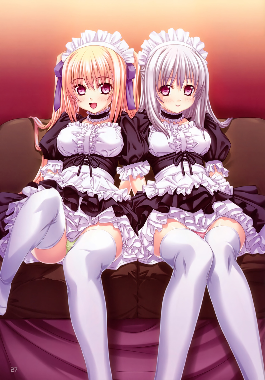 :d absurdres apron blonde_hair blush choker green_panties highres kannatsuki_noboru long_hair looking_at_viewer maid maid_headdress multiple_girls open_mouth panties pantyshot pantyshot_(sitting) pink_panties purple_eyes scan shinkyoku_soukai_polyphonica siblings side-by-side silver_hair sisters sitting smile thighhighs twintails underwear white_legwear yugiri_perserte yugiri_princesca