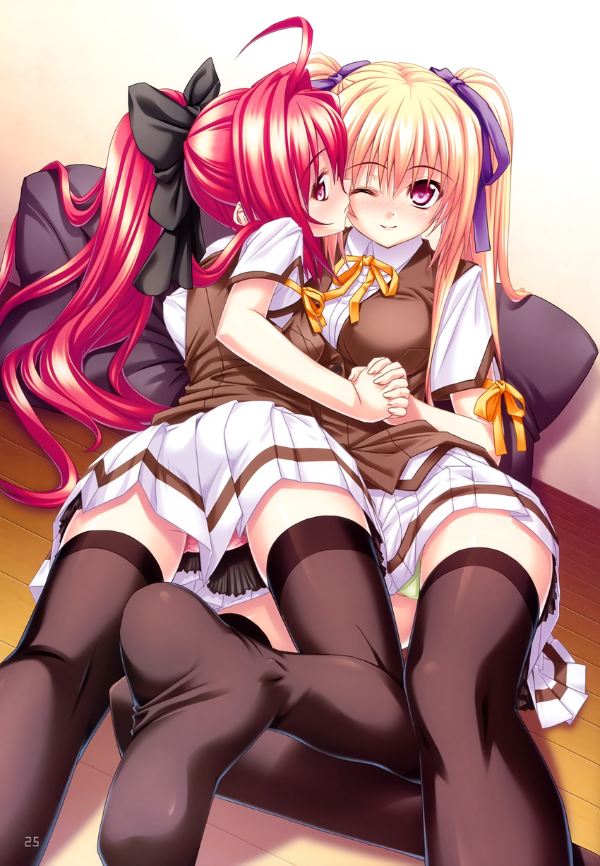 ;) absurdres ahoge ass black_legwear blonde_hair bow breasts corticarte_apa_lagranges feet foreshortening green_panties hair_bow hair_ribbon highres holding_hands interlocked_fingers kannatsuki_noboru large_breasts long_hair lying multiple_girls one_eye_closed panties pink_panties pleated_skirt ponytail purple_eyes red_eyes red_hair ribbon scan school_uniform shinkyoku_soukai_polyphonica skirt smile thighhighs twintails underwear upskirt vest yugiri_perserte