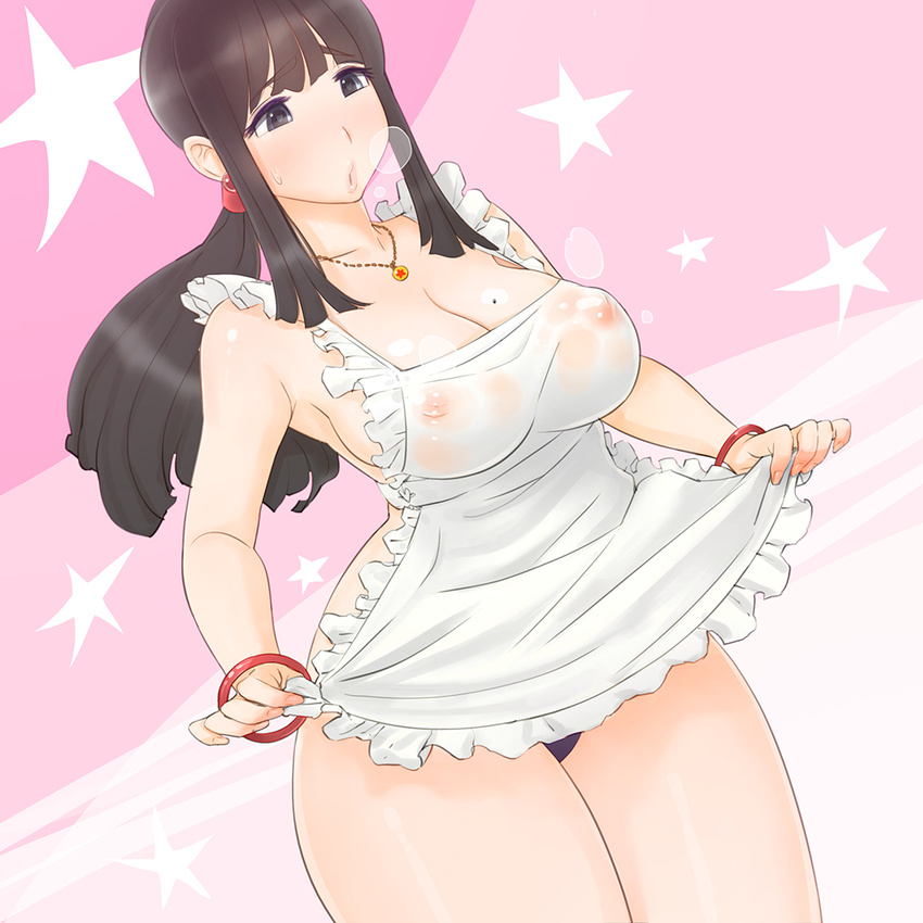 black_panties bracelet breasts breath brown_eyes brown_hair chi-chi_(dragon_ball) cleavage covered_nipples dragon_ball heart heart-shaped_pupils jewelry large_breasts mole mole_on_breast nipples panties parted_lips pink_crown see-through solo star symbol-shaped_pupils thick_thighs thighs underwear