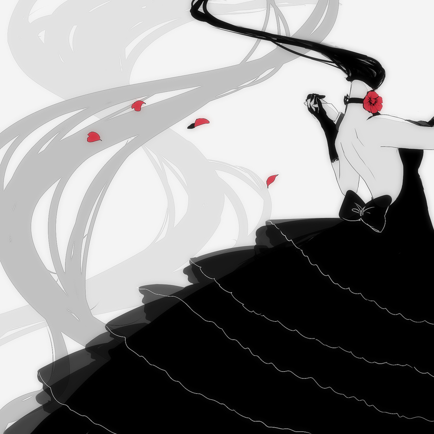 1girl black_dress celty_sturluson choker dress dullahan durarara!! flower headless highres interlocked_fingers kishitani_shinra monochrome petals solo_focus spot_color teario