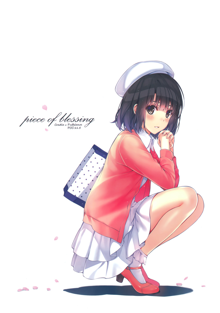 absurdres bag bangs blouse brown_hair green_eyes hat highres katou_megumi long_legs misaki_kurehito official_art saenai_heroine_no_sodatekata shoes short_hair shoulder_bag skirt squatting white_hat