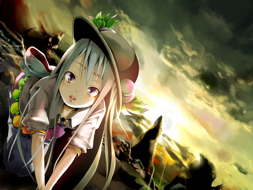 backlighting bad_id bad_pixiv_id bangs black_hat blouse blue_hair blush bow cloud dutch_angle food fruit hat hinanawi_tenshi lips long_hair looking_at_viewer open_mouth outdoors peach puffy_short_sleeves puffy_sleeves rainbow_order red_eyes short_sleeves skirt sky solo touhou v_arms white_blouse yae_(mono110)