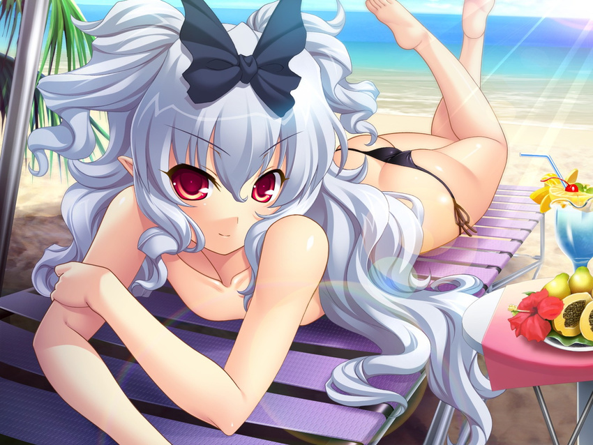 ass barefoot beach bikini black_bow blue_hawaii bow chair day drink drinking_straw feet flat_chest flower food fruit hair_bow hair_ribbon hibiscus highres legs_up lemon lens_flare long_hair looking_at_viewer lounge_chair lying on_stomach outdoors ozawa_akifumi pear pointy_ears red_eyes rena_grimoire ribbon shikotama_slave side-tie_bikini silver_hair smile soles solo swimsuit table the_pose thong_bikini topless tropical_drink tsurime two_side_up very_long_hair wallpaper water wavy_hair