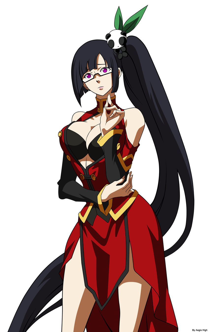 absurdres black_hair blazblue breasts china_dress chinese_clothes cleavage cleavage_cutout dress glasses hair_ornament highres large_breasts litchi_faye_ling long_hair official_art panda ponytail purple_eyes solo transparent_background vector_trace very_long_hair watermark