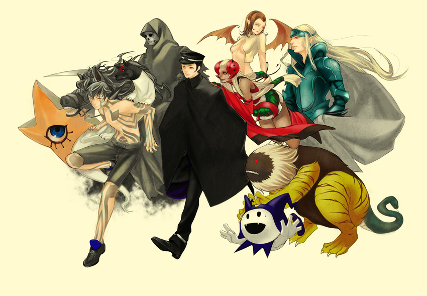 3boys black_hair blue_eyes cape cat chimera decarabia devil_summoner hitoshura inugami_(megami_tensei) jack_frost jun_(ash) kikuri-hime kuzunoha_raidou lilim_(megami_tensei) multiple_boys multiple_girls nue nue_(megami_tensei) pale_rider shin_megami_tensei_iii:_nocturne tam_lin