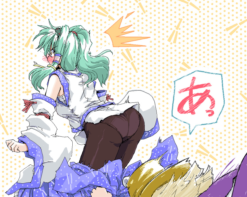 a ass assisted_exposure blush green_hair kochiya_sanae moriya_suwako multiple_girls panties pantsing pantyhose surprised_arms takana_shinno tearing_clothes torn_clothes touhou underwear