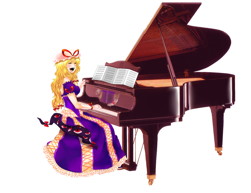 blonde_hair eyes gap gloves grand_piano hair_ribbon hat instrument long_hair mayuma_yumeko piano ribbon solo touhou yakumo_yukari