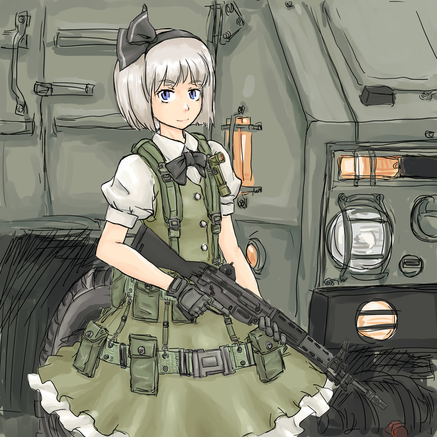 assault_rifle blue_eyes gloves gun hairband highres holding holding_gun holding_weapon howa_type_89 konpaku_youmu michael-x military military_operator rifle short_hair silver_hair solo touhou trigger_discipline weapon