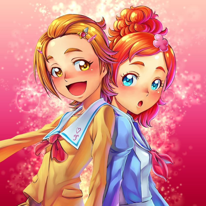 :d :o back-to-back blue_eyes brown_hair eyebrows futari_wa_precure_splash_star go!_princess_precure hair_bun hair_ornament hairclip haruno_haruka highres hyuuga_saki multiple_girls noble_academy_school_uniform open_mouth orange_hair pink_background precure school_uniform short_hair smile very_short_hair yamashiro_yoshifumi yellow_eyes yuunagi_middle_school_uniform