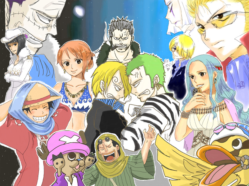 3girls 6+boys alabasta black_hair blonde_hair blue_hair brown_hair dress glasses green_hair hat kohza monkey_d_luffy multiple_boys multiple_girls nami nami_(one_piece) nico_robin one_piece orange_hair princess roronoa_zoro sanji scar sir_crocodile smoker straw_hat tony_tony_chopper usopp