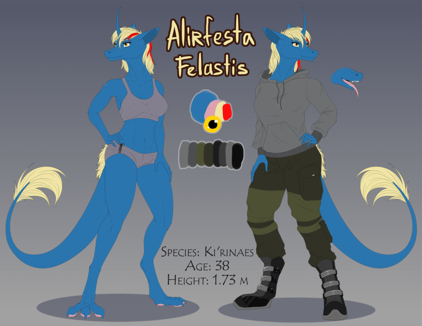 alirfesta_felastis anthro breasts breath clothing fangs female hair ki'rinaes lovely model_sheet multicolored_hair muscular open_mouth paws sketch solo sunny_way underwear