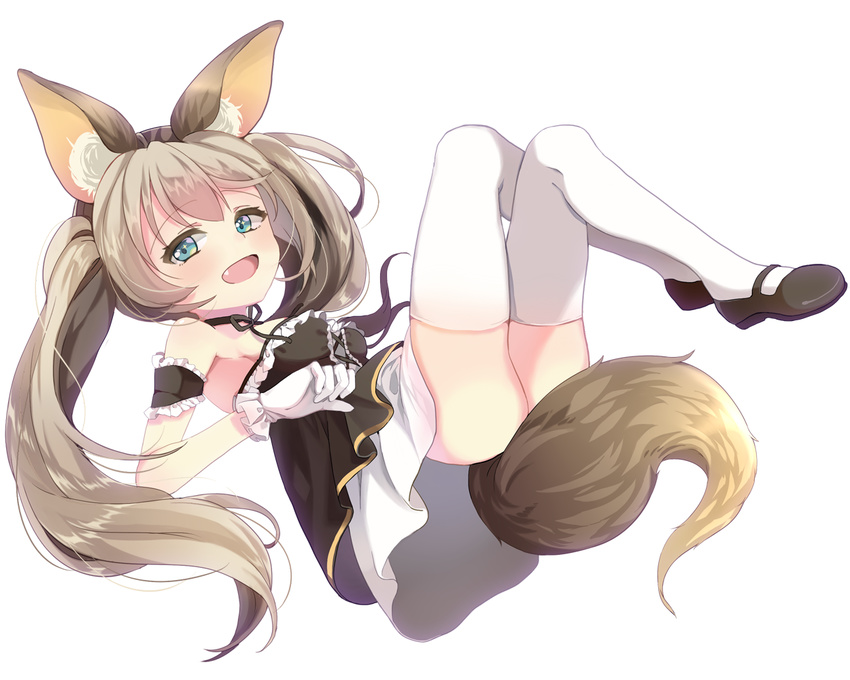 animal_ears armpits ass bad_id bad_pixiv_id bare_shoulders blue_eyes breasts brown_hair crossed_legs dog_ears dress elin_(tera) eyebrows_visible_through_hair fang gloves legs_up long_hair maid mary_janes shoes shuf small_breasts smile solo tail tera_online thighhighs twintails