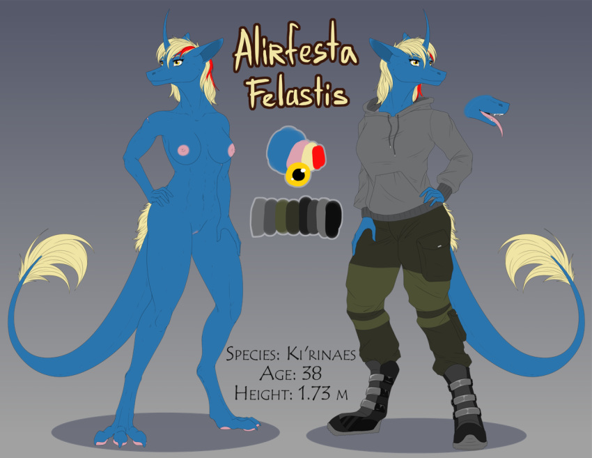alirfesta_felastis anthro breasts breath clothing fangs female hair ki'rinaes lovely model_sheet multicolored_hair muscular open_mouth paws pussy sketch solo sunny_way