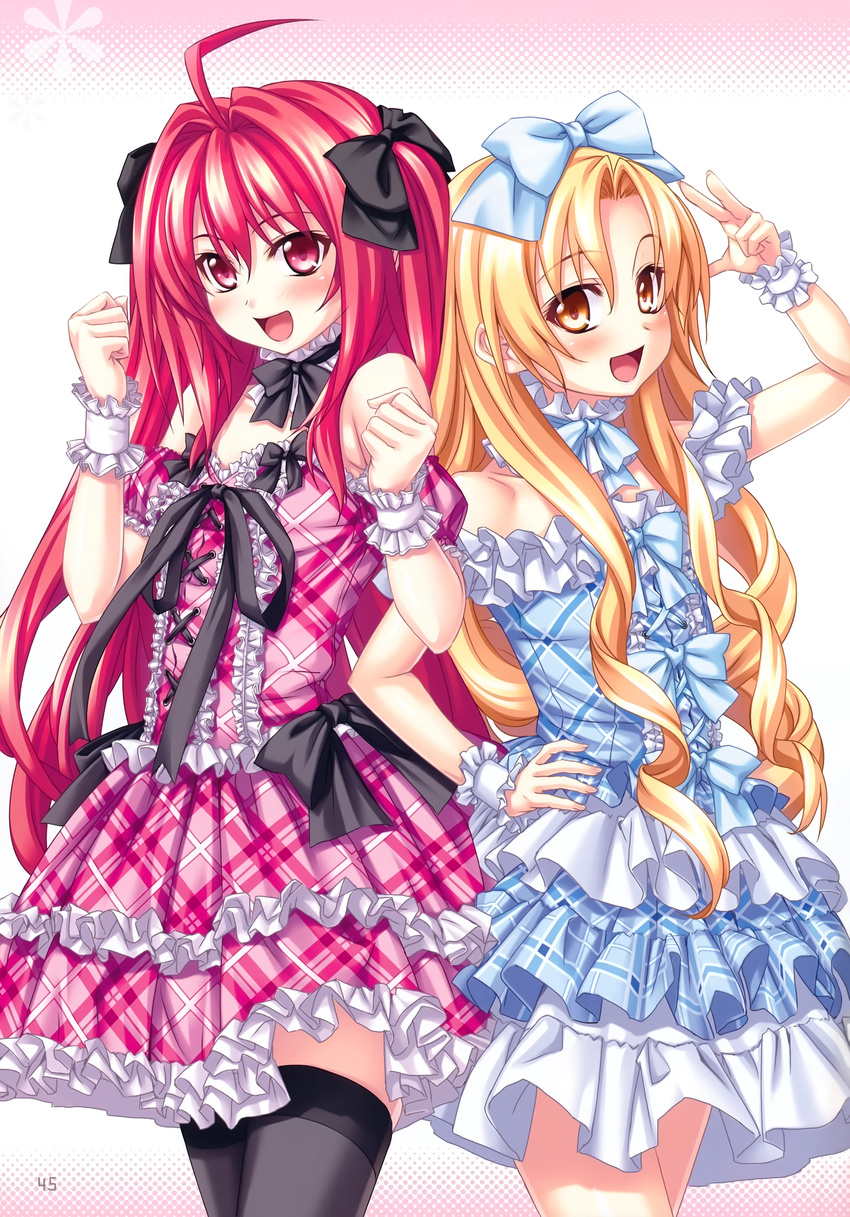 :d absurdres ahoge bangs bare_shoulders black_legwear blonde_hair bow clenched_hands collar corticarte_apa_lagranges detached_collar dress drill_hair flat_chest frilled_collar frilled_dress frills gradient gradient_background hair_bow hair_ribbon halftone hand_on_hip highres huge_filesize iaritikke_sin_goluot kannatsuki_noboru long_hair multiple_girls open_mouth page_number parted_bangs plaid plaid_dress red_eyes red_hair ribbon shinkyoku_soukai_polyphonica sidelocks simple_background smile tareme thighhighs tsurime two_side_up v wrist_cuffs yellow_eyes