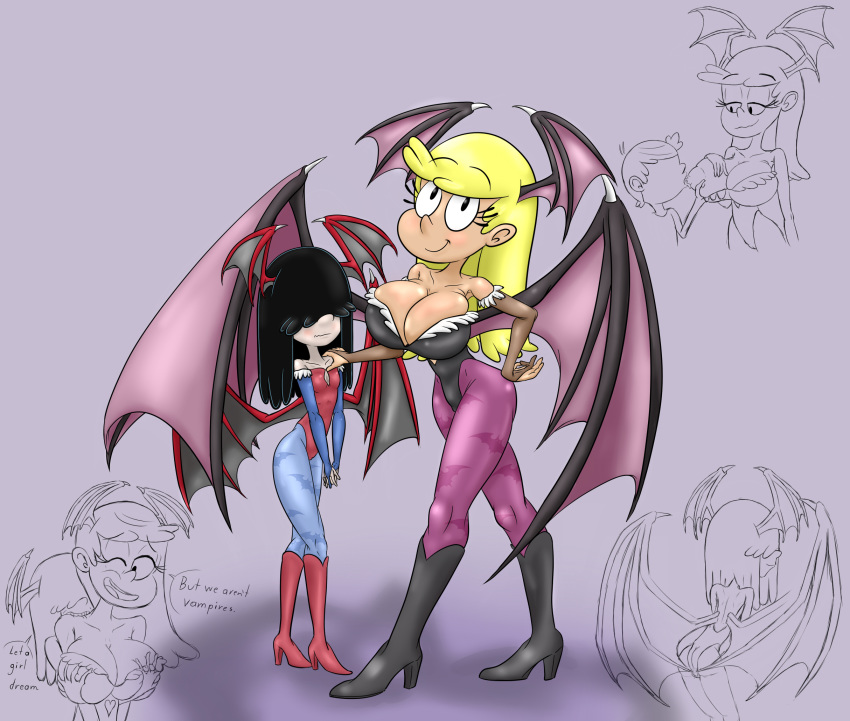 bite black_hair blonde_hair breasts capcom clothing darkstalkers duskull_(artist) female hair head_wings humanoid leni_loud lilith_aensland lincoln_loud lucy_loud male morrigan_aensland sibling sisters succubus text the_loud_house tongue video_games wings