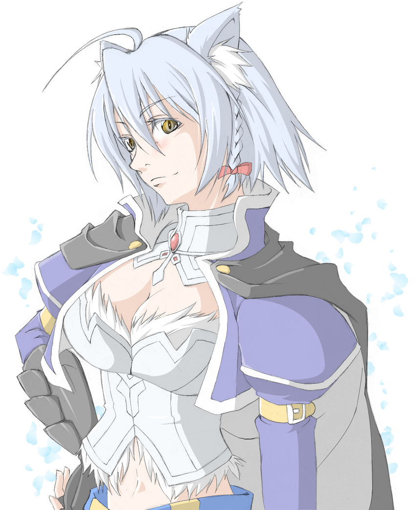 ahoge alternate_hair_length alternate_hairstyle animal_ears asuka_sakurai braid breasts bustier cape cat_ears cleavage collar commentary_request cropped_jacket dog_days grey_hair highres leonmitchelli_galette_des_rois medium_breasts older short_hair solo yellow_eyes