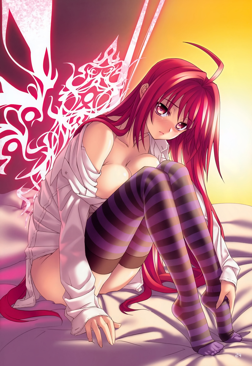absurdres ahoge blush breast_press breasts cleavage colored_stripes corticarte_apa_lagranges dress_shirt feet full_body hand_on_foot highres kannatsuki_noboru knees_to_chest large_breasts long_hair naked_shirt no_shoes off_shoulder purple_legwear red_eyes red_hair scan shinkyoku_soukai_polyphonica shirt sitting solo striped striped_legwear thighhighs toes very_long_hair wings