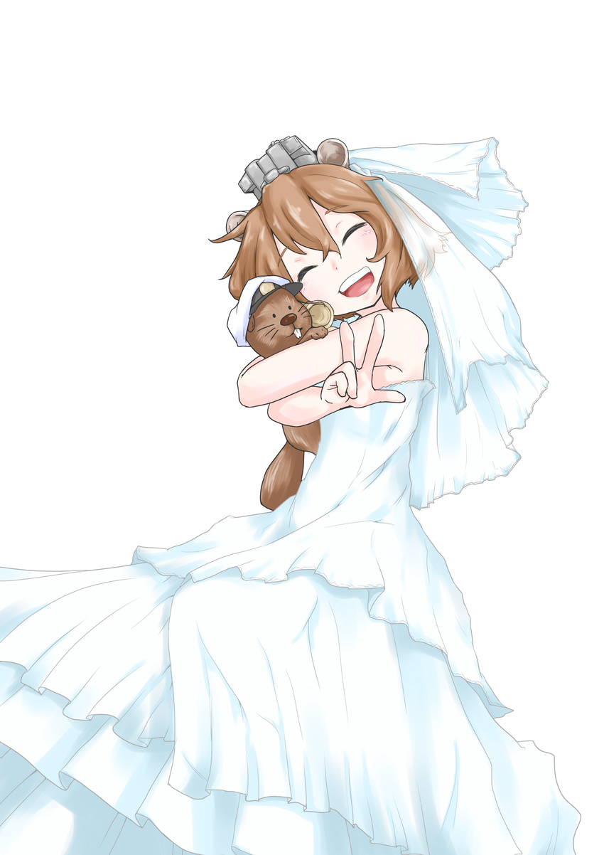 :d ^_^ absurdres admiral_(kantai_collection) alternate_costume bare_shoulders beaver brown_hair closed_eyes dress facing_viewer hat headgear highres hug kantai_collection military_hat open_mouth peaked_cap short_hair simple_background smile sokutenkun strapless strapless_dress veil w wedding_dress white_background white_dress yukikaze_(kantai_collection)
