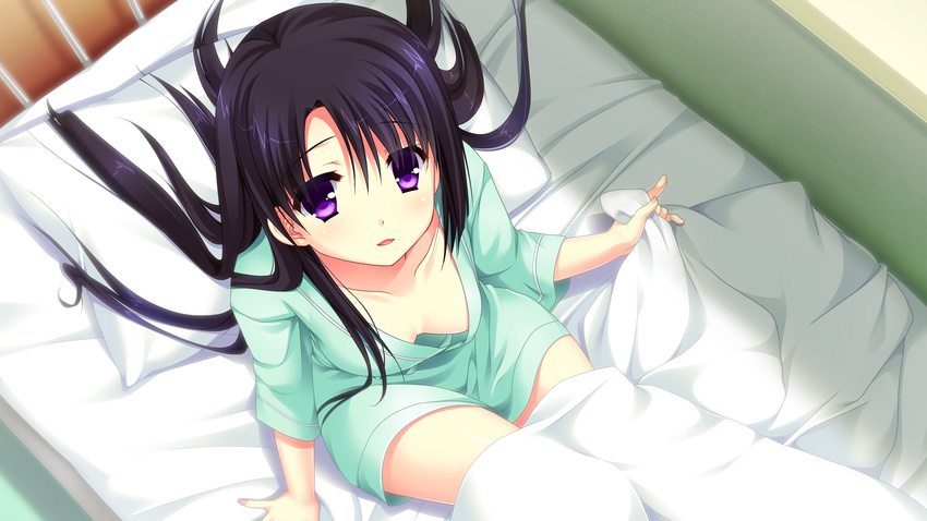 1girl bed bed_sheet blush breasts chuablesoft game_cg highres kunai_uri legs long_hair looking_at_viewer no_bra noblesse_of_rouge oohinata_rui pajamas pillow purple_eyes purple_hair sheet_grab sitting solo sunlight thighs