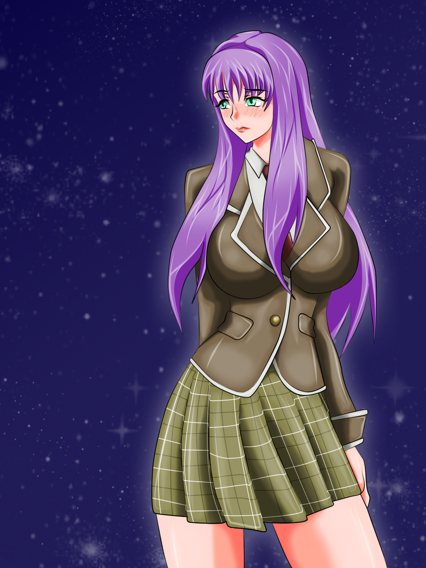 1girl athena breasts contrapposto highres kido_saori large_breasts long_hair miniskirt plaid_skirt pleated_skirt purple_eyes purple_hair saint_seiya school_uniform skirt solo space star_(sky) starry_sky supernova_(artist)