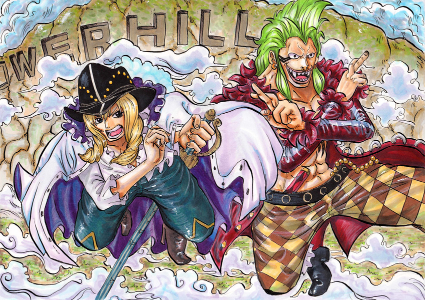 2boys absurdres bartolomeo blonde_hair cavendish dressrosa fighting_stance green_hair hat highres male male_focus multiple_boys one_piece tattoo