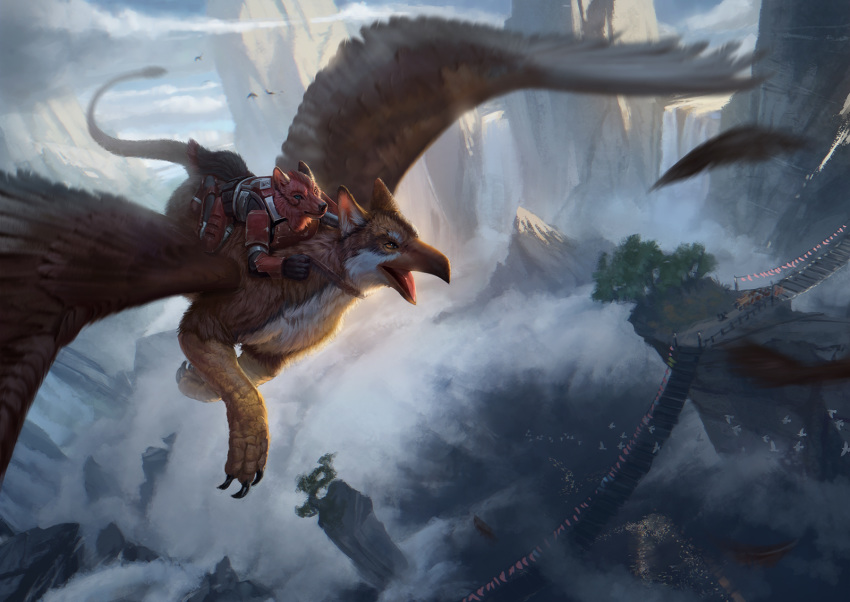 ambient_bird anthro armor avian beak bird black_nose body_armor bridge canid canine canis cloud conditional_dnp dipstick_tail duo feathered_wings feathers flying fur gryphon inner_ear_fluff latex_(artist) lying mammal mountain multicolored_tail on_front outside red_fur riding rope_bridge sky talons tongue tree waterfall wings wolf