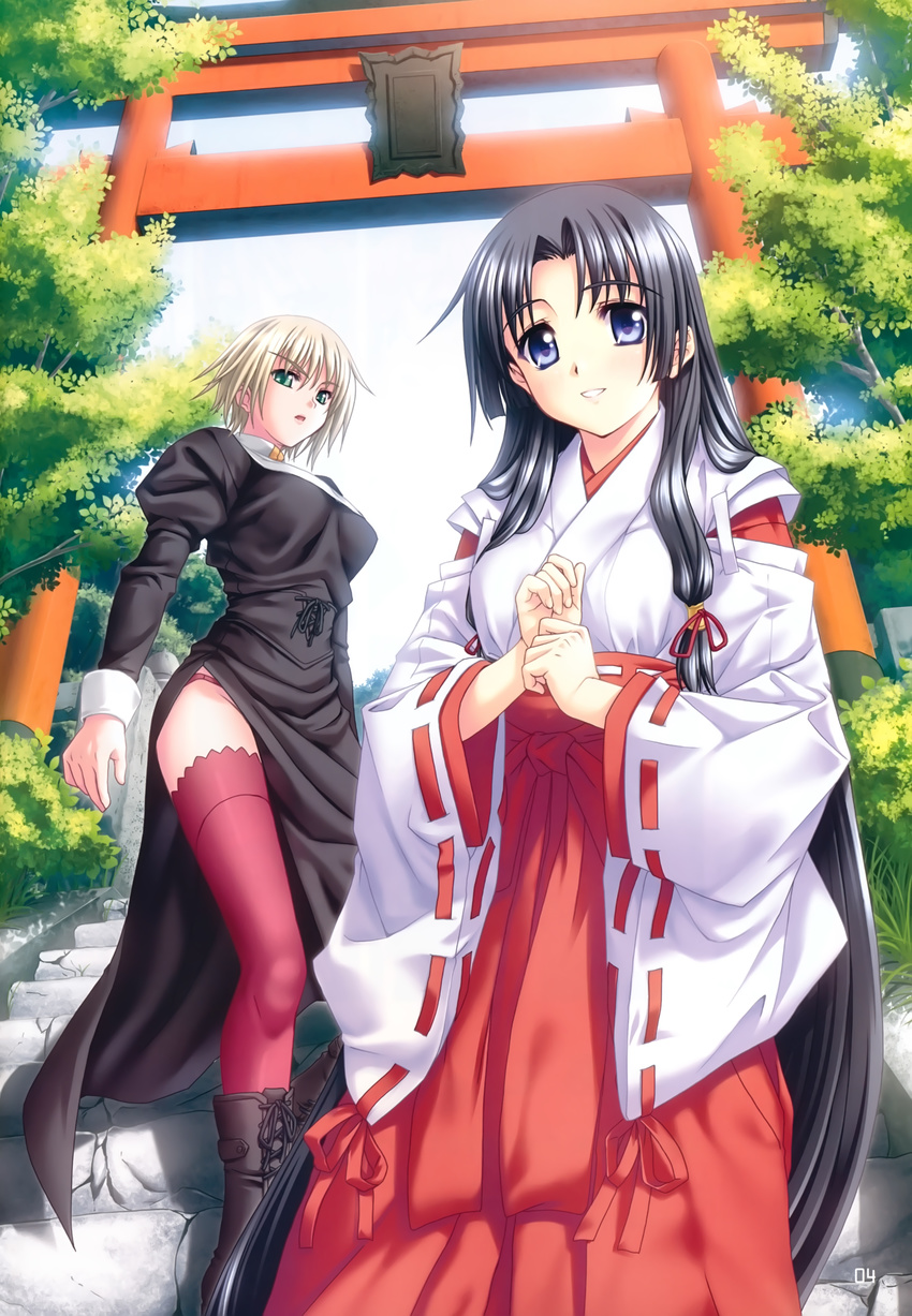 absurdres black_hair blonde_hair blue_eyes boots brown_footwear cross-laced_footwear demiourgos_no_musume dress green_eyes hakama highres iris_(demiourgos) japanese_clothes kannatsuki_noboru lace-up_boots long_hair miko multiple_girls nun red_hakama red_legwear ribbon-trimmed_sleeves ribbon_trim scan short_hair side_slit smile stairs tamayorihime thighhighs torii