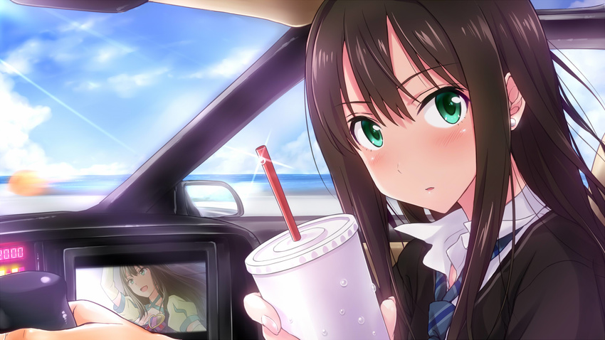 black_hair car car_interior drink earrings green_eyes ground_vehicle highres idolmaster idolmaster_cinderella_girls jewelry k.i.t.t knight_2000 knight_rider long_hair looking_at_viewer motor_vehicle necktie sakura_(k_tonpu) school_uniform shibuya_rin